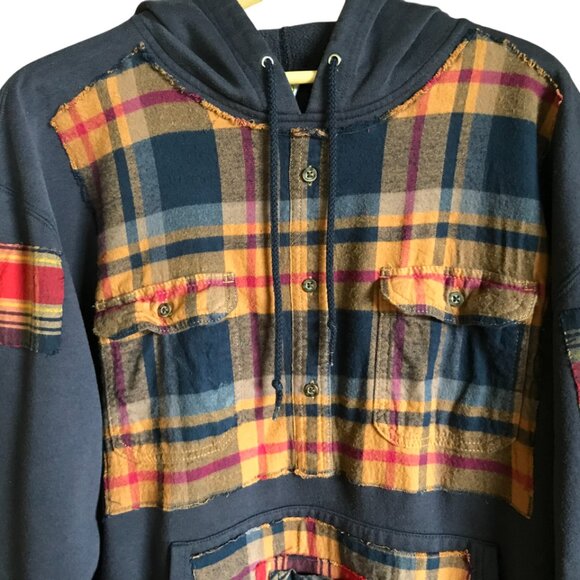 Upcycled Patchwork Hoodie, L-XL: Oversized Grunge Sweatshirt, Navy Plaid Flannel - Picture 5 of 15